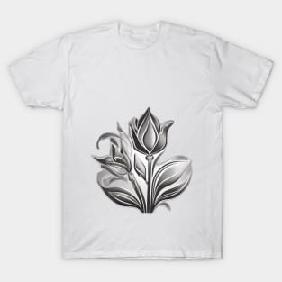 Silver Floral Elegance on Black Background No. 939 T-Shirt